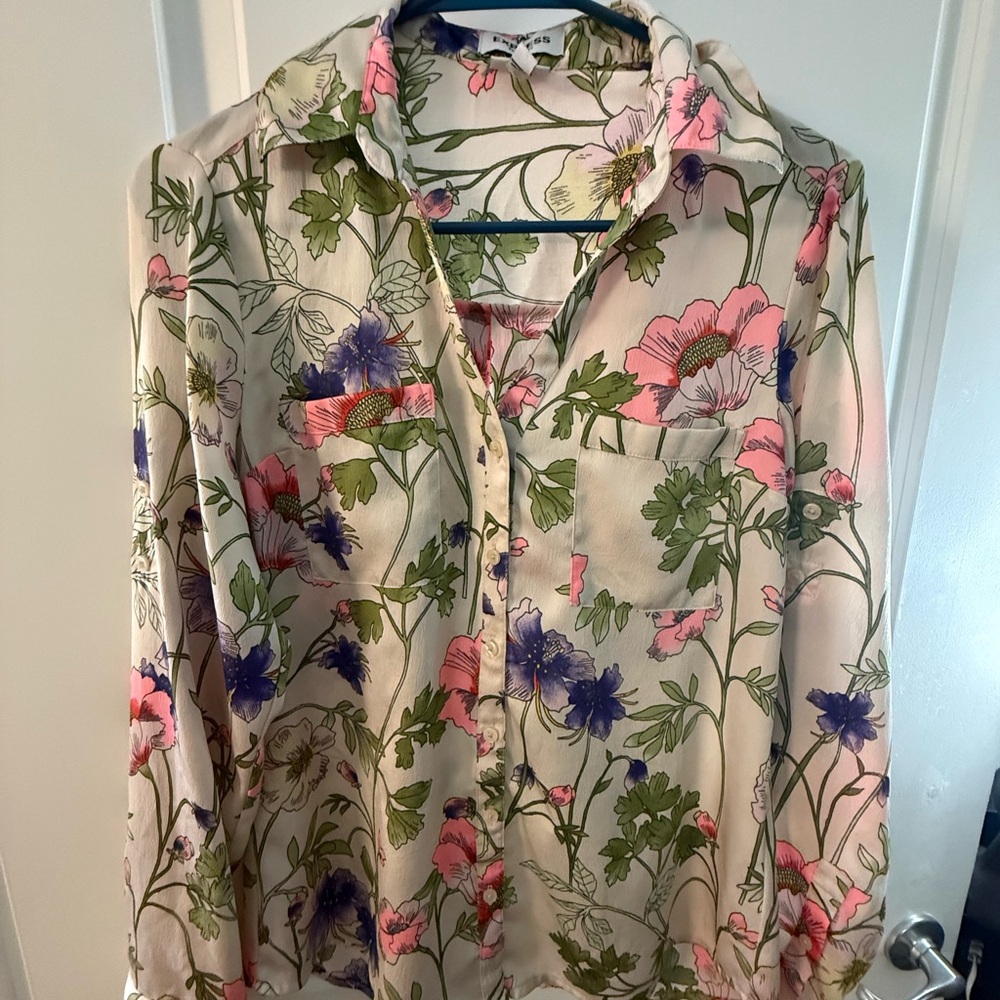 Express Floral Button Down Shirt - Pink, Green, Purple